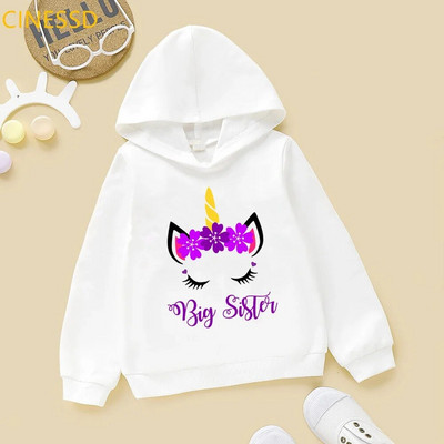 Bērnu ikdienas Smieklīgs vienradzis lielā māsa meitene karikatūras ar grafisku apdruku džemperis Kawaii ziemas flīsa apģērbs bērnu kapuci