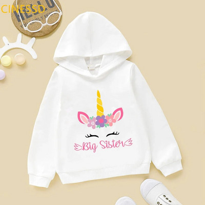 Bērnu ikdienas Smieklīgs vienradzis lielā māsa meitene karikatūras ar grafisku apdruku džemperis Kawaii ziemas flīsa apģērbs bērnu kapuci