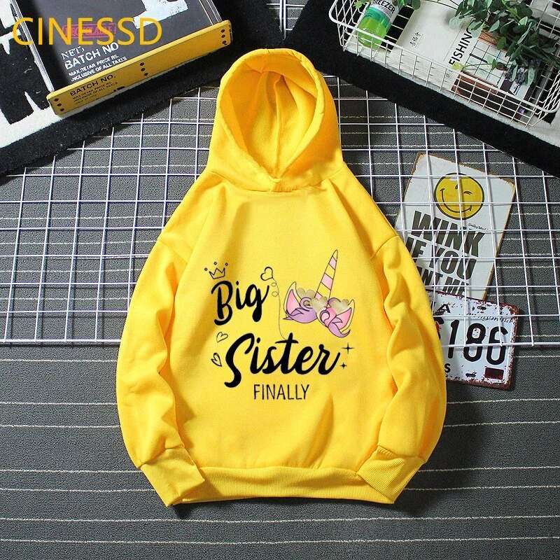 Bērnu ikdienas Smieklīgs vienradzis lielā māsa meitene karikatūras ar grafisku apdruku džemperis Kawaii ziemas flīsa apģērbs bērnu kapuci