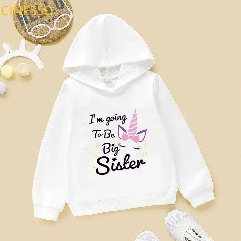 Bērnu ikdienas Smieklīgs vienradzis lielā māsa meitene karikatūras ar grafisku apdruku džemperis Kawaii ziemas flīsa apģērbs bērnu kapuci