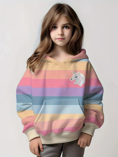 Γλυκό κέντημα μονόκερου μακρυμάνικο φούτερ με φόρεμα για κορίτσια, άνετα μπλουζάκια για παιδιά