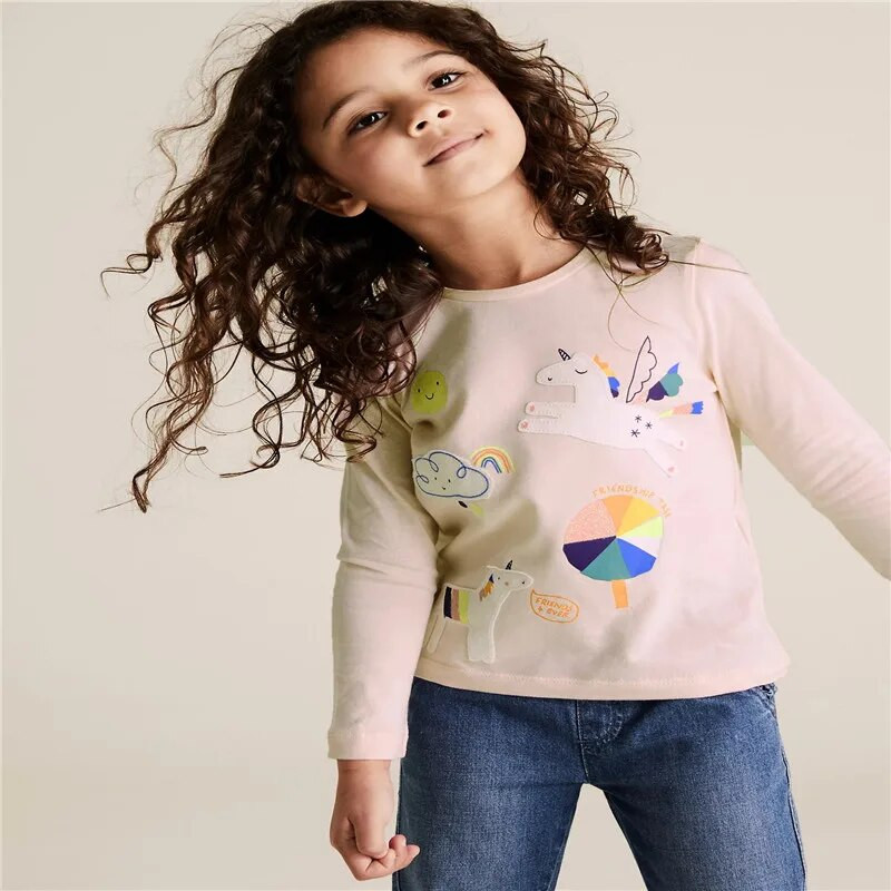 Jumping Meters 2-7T Őszi tavaszi lányok pólók Unikornis mintás Divat Gyermekruházat Hosszú ujjú babaviselet blúz ingek