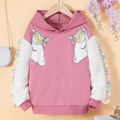 2023. gada jauns rudens bērnu džemperis ar garām piedurknēm ar baltu zirgu apdruku ar kapuci 7–12 gadus vecām meitenēm, ikdienas modes tops