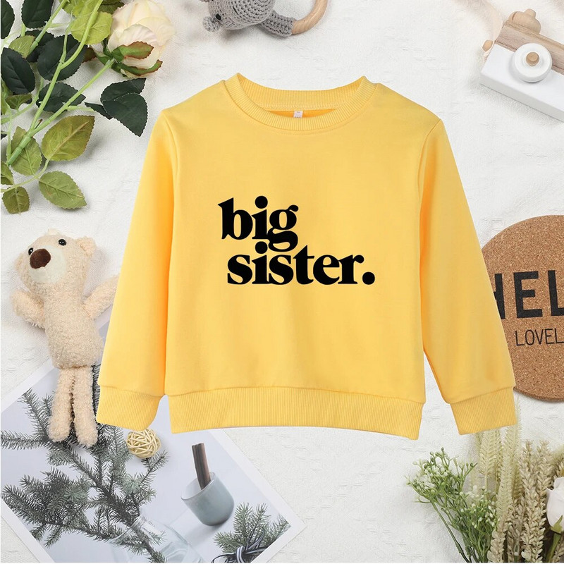 Big Sister nyomtatott betűk Minimalista Khaki Kid Pulóverek Kiváló minőségű Y2K Kényelmes Baby Girls Meleg kapucnis pulóverek Felsők Ruházat