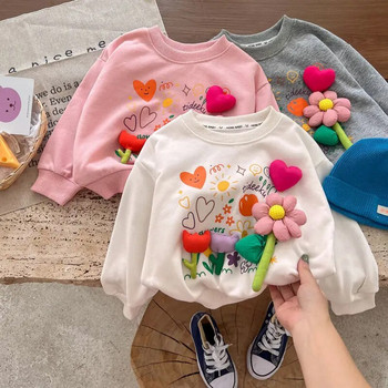 Бебешки суитшърт за момичета Пролет и есен Нов детски пуловер Пуловер Ежедневен универсален триизмерен горнище на цветя