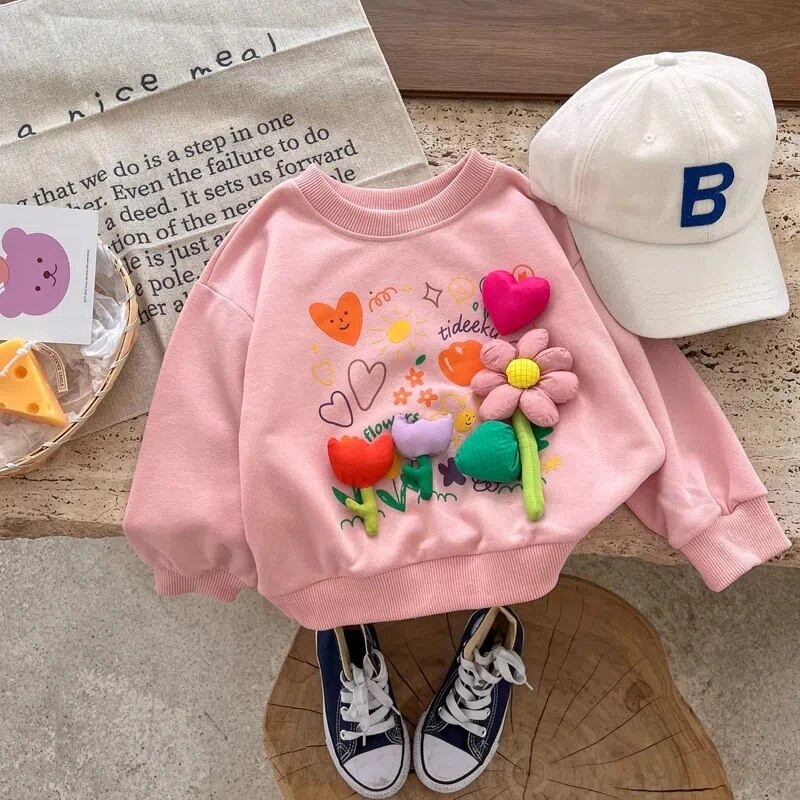 Majica za djevojčice Proljeće i jesen Novi dječji pulover Džemper Ležerna Svestrana majica s trodimenzionalnim cvjetovima
