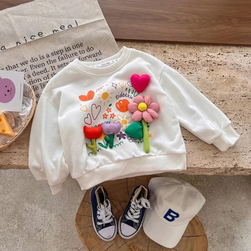 Majica za djevojčice Proljeće i jesen Novi dječji pulover Džemper Ležerna Svestrana majica s trodimenzionalnim cvjetovima