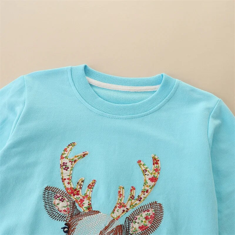 Jumping Meters 2-7T Baby Girls Pulóverek Őszi Tavaszi Tipegő Pamut Ruházat Állatok Szarvas Hímzés Gyermek Sport ingek