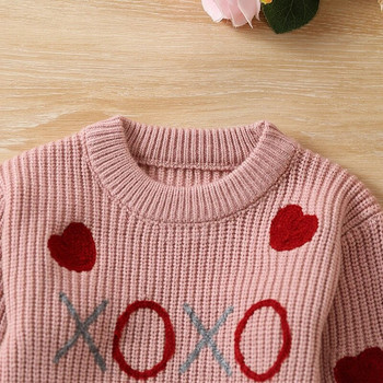 Бебешки дрехи за плетене на момичета Детски пуловери за Свети Валентин Пуловери с дълъг ръкав Пуловери с бродерия на сърце Пуловери за малки деца