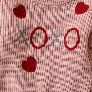 Бебешки дрехи за плетене на момичета Детски пуловери за Свети Валентин Пуловери с дълъг ръкав Пуловери с бродерия на сърце Пуловери за малки деца