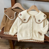 Kislány pulóver Divat szirmok gallér Kötött kardigán Kötöttáru Gyermekek Hímzés Kabát Hercegnős lányok Őszi téli pulóver