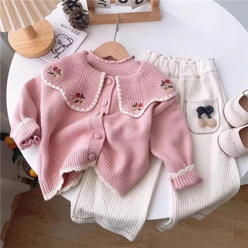 Бебешки пуловер за момичета, модна яка с венчелистчета, плетена жилетка, трикотаж, детско палто с бродерия, есенно-зимен пуловер за момичета на принцеса