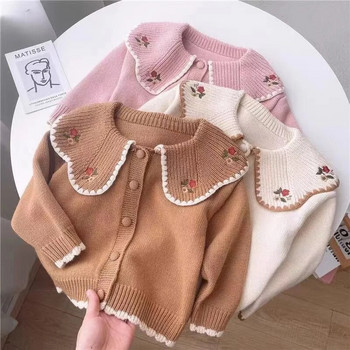 Бебешки пуловер за момичета, модна яка с венчелистчета, плетена жилетка, трикотаж, детско палто с бродерия, есенно-зимен пуловер за момичета на принцеса