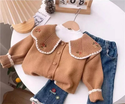 Kislány pulóver Divat szirmok gallér Kötött kardigán Kötöttáru Gyermekek Hímzés Kabát Hercegnős lányok Őszi téli pulóver