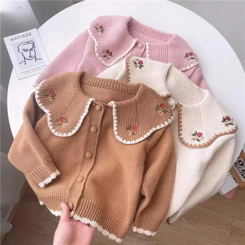 Kislány pulóver Divat szirmok gallér Kötött kardigán Kötöttáru Gyermekek Hímzés Kabát Hercegnős lányok Őszi téli pulóver