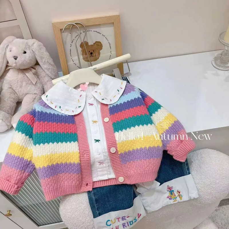 Bērnu meiteņu Džemperis Mētelis pavasarim un rudenim jauns moderns bērnu apģērbs meiteņu pavasara kleita varavīksnes meiteņu trikotāžas jaka