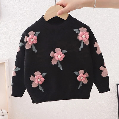 2022 őszi téli kötött pulóver virág dekoráció hosszú ujjú lány ruhák gyerek ruhák lányok 2-6 éves korig