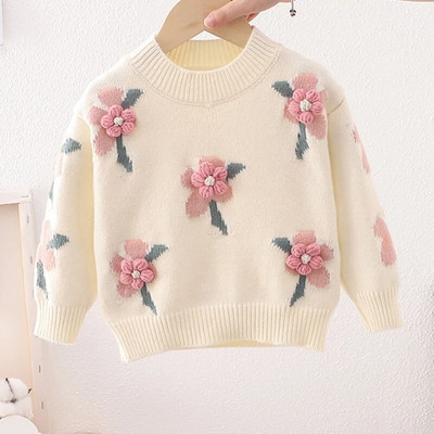 2022 őszi téli kötött pulóver virág dekoráció hosszú ujjú lány ruhák gyerek ruhák lányok 2-6 éves korig