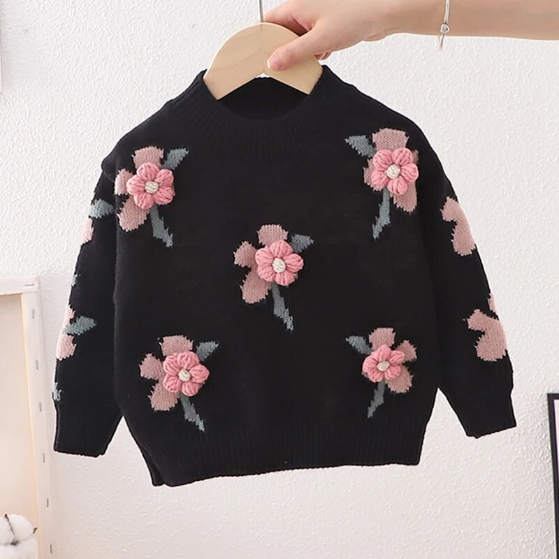 2022 őszi téli kötött pulóver virág dekoráció hosszú ujjú lány ruhák gyerek ruhák lányok 2-6 éves korig