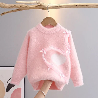 Пуловер за момичета Есен и зима Детско плетено горнище с кръгло деколте Връхни дрехи Детски вълнен плюшен топъл пуловер
