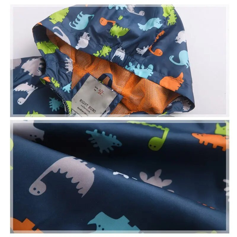 Vaikų berniukų striukė su gobtuvu, atspari vėjui, animacinių filmų piešiniai su gyvūnais, paltai su užtrauktuku, vaikiški, berniukų švarkai, drabužiai