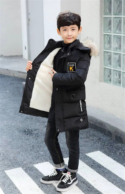 Lieli bērnu bieza gara jaka rudens ziemas zēni plus samta silti pusaudžu mēteļi Modes vidēja garuma virsdrēbes ar kapuci ar rāvējslēdzēju 5–14 gadi
