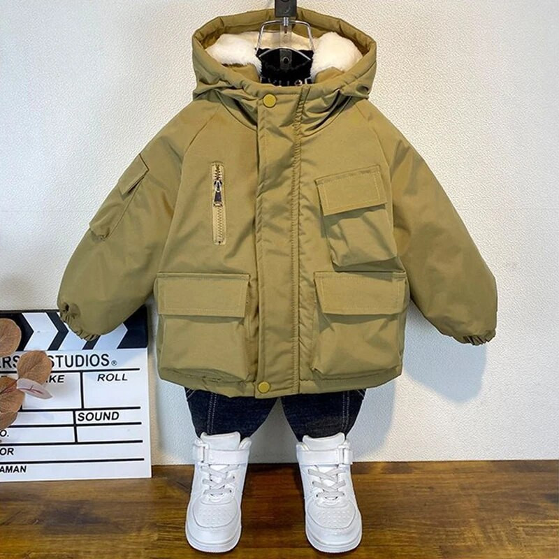 3–10 gadu zēnu ziemas plus samta virsdrēbes Modes bērniem ar kapuci, siltās dūnu jakas Bērnu apģērbi zēniem, biezi vēja necaurlaidīgi mēteļi