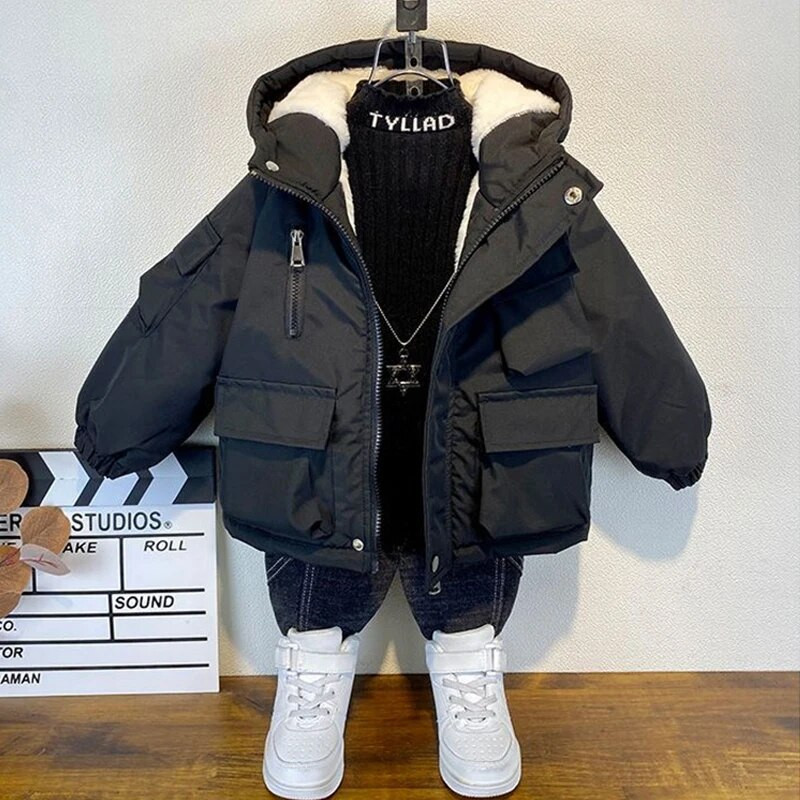 3–10 gadu zēnu ziemas plus samta virsdrēbes Modes bērniem ar kapuci, siltās dūnu jakas Bērnu apģērbi zēniem, biezi vēja necaurlaidīgi mēteļi