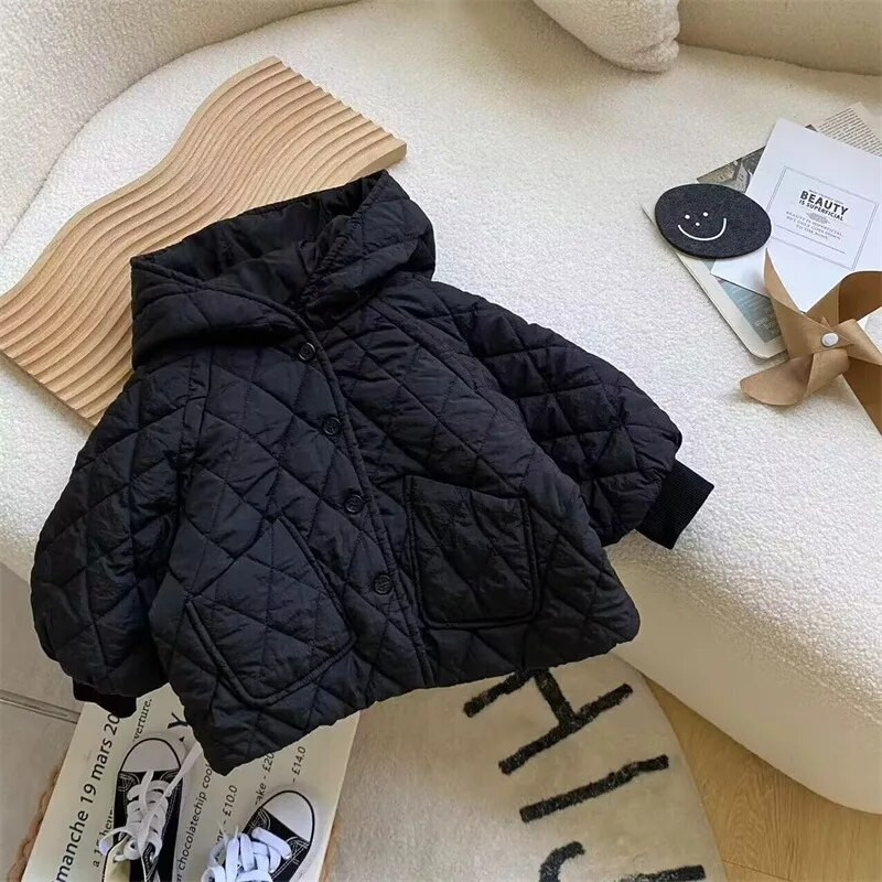 Skaista korejiešu stila bērnu ziemas mētelis ar kapuci, vienrindas vienkrāsains termiski kokvilnas jaka ikdienas bērnu virsdrēbes