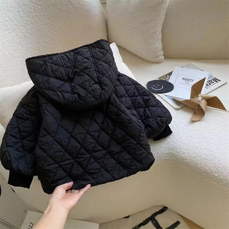 Skaista korejiešu stila bērnu ziemas mētelis ar kapuci, vienrindas vienkrāsains termiski kokvilnas jaka ikdienas bērnu virsdrēbes