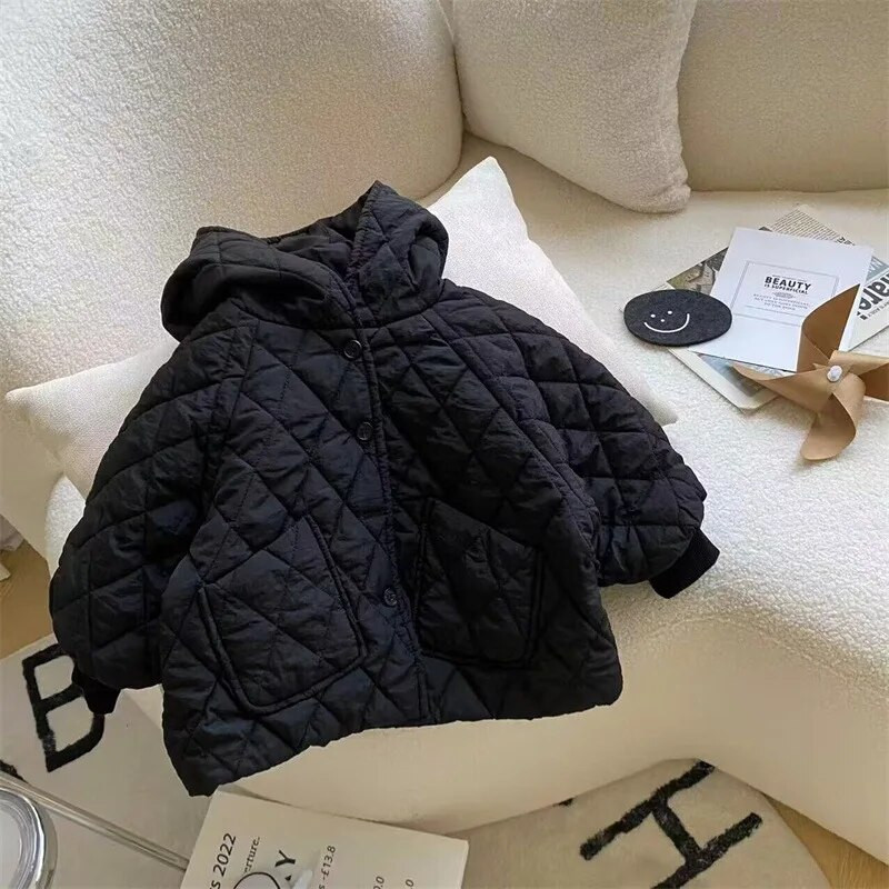 Skaista korejiešu stila bērnu ziemas mētelis ar kapuci, vienrindas vienkrāsains termiski kokvilnas jaka ikdienas bērnu virsdrēbes