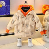 Jauki viltots divdaļīgs zēnu mētelis ar kapuci, vaļīgs mētelis bērniem 2023. gada ziema, jauna bieza kokvilnas plīša jaka Toddler Baby Parkas XMP457