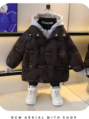 Χαριτωμένο ψεύτικο δύο τεμάχια αγόρια με κουκούλα φαρδύ παλτό για παιδιά 2023 Χειμώνας Νέο χοντρό βαμβακερό βελούδινο μπουφάν Μικρό παιδί Πάρκα μωρού XMP457
