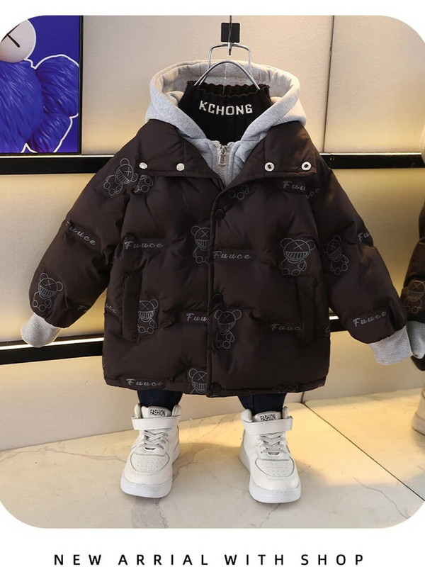 Jauki viltots divdaļīgs zēnu mētelis ar kapuci, vaļīgs mētelis bērniem 2023. gada ziema, jauna bieza kokvilnas plīša jaka Toddler Baby Parkas XMP457