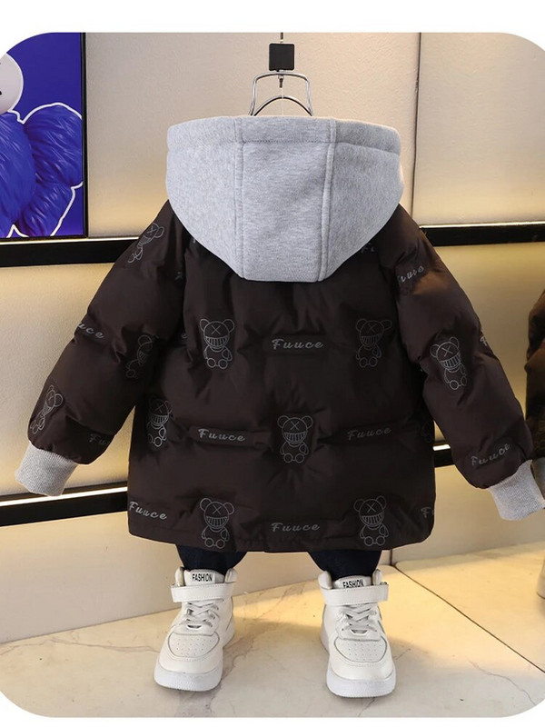 Jauki viltots divdaļīgs zēnu mētelis ar kapuci, vaļīgs mētelis bērniem 2023. gada ziema, jauna bieza kokvilnas plīša jaka Toddler Baby Parkas XMP457