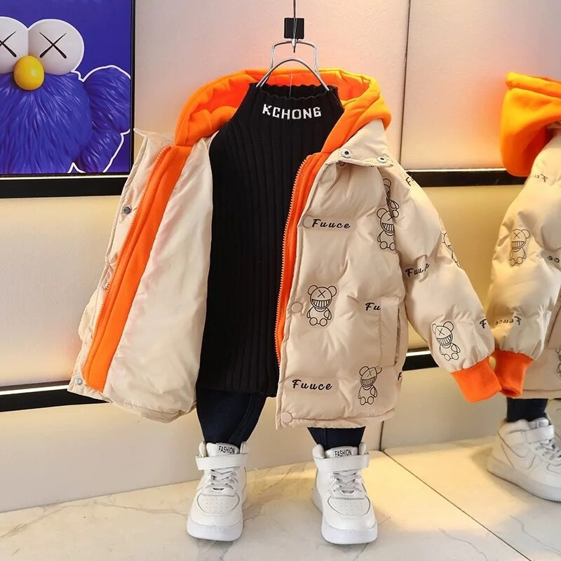 Jauki viltots divdaļīgs zēnu mētelis ar kapuci, vaļīgs mētelis bērniem 2023. gada ziema, jauna bieza kokvilnas plīša jaka Toddler Baby Parkas XMP457