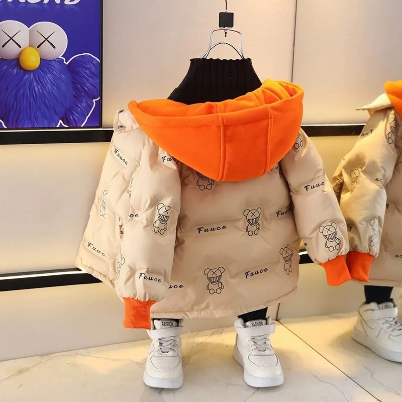 Jauki viltots divdaļīgs zēnu mētelis ar kapuci, vaļīgs mētelis bērniem 2023. gada ziema, jauna bieza kokvilnas plīša jaka Toddler Baby Parkas XMP457