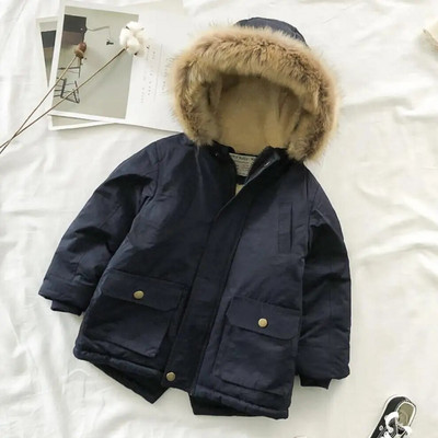 Zēnu vilnas mētelis ar lielu kažokādas apkakli Ziemas flīsa jakas bērniem ar tranšeju kapuci, silti bērniem mazuļu zēnu virsdrēbes vējjaka