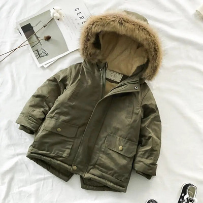 Zēnu vilnas mētelis ar lielu kažokādas apkakli Ziemas flīsa jakas bērniem ar tranšeju kapuci, silti bērniem mazuļu zēnu virsdrēbes vējjaka