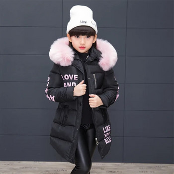 2023 Зимни топли якета за момичета Модни детски момичета с качулка с кожа Водоустойчиви връхни дрехи Детски паркове с памучна подплата