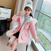 Vaikų žiemos pūkinė medvilninė striukė plius aksominė mergaičių rūbai vaikiški rūbai stori parko paltai su gobtuvu Sniego kostiumas viršutiniai drabužiai nuo vėjo