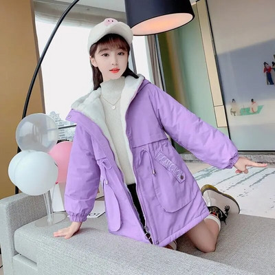 Vaikų žiemos pūkinė medvilninė striukė plius aksominė mergaičių rūbai vaikiški rūbai stori parko paltai su gobtuvu Sniego kostiumas viršutiniai drabužiai nuo vėjo