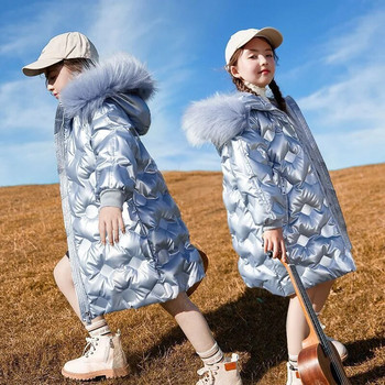 Парка за момичета 2023 г. Дълги палта Зимни водоустойчиви якета с качулка с кожена яка Големи деца Дебели топли памучни горни дрехи Тийнейджърски снежен костюм