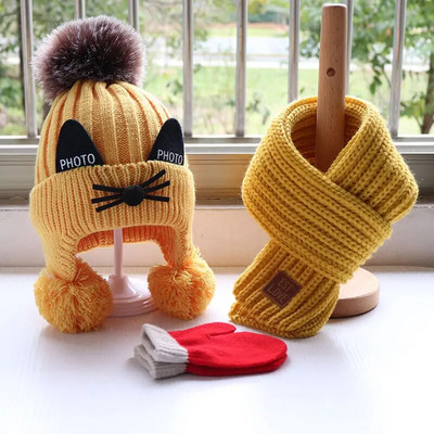 Rudens/Ziema Mazuļa cepures un šalles komplekts Bērnu biezināta adīta vilnas cepure ap krūšu cimdiem Mīlīgs kaķis