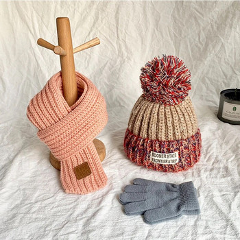 Шапки и шалове за момчета и момичета Есенни и зимни бебешки топли кадифени шапки и ръкавици Плетива от три части, сладка мода