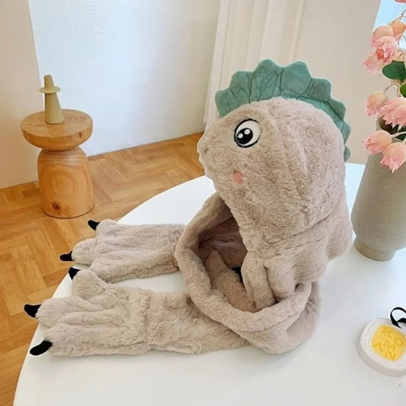 Bērnu multfilmu dinozauru cepure ziemas polsterēta un sabiezināta silta plīša šalle cepure Cimdi Šalle silta trīsdaļīga komplektācija