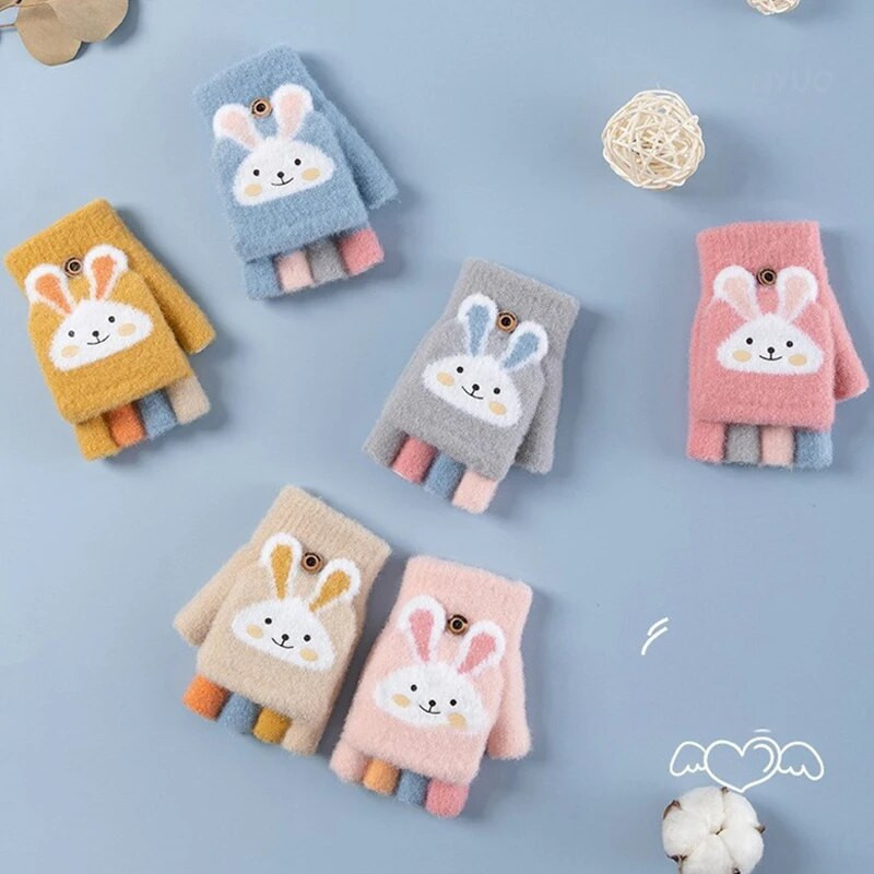 Bērnu piecu pirkstu cimdi Ziemas zēnam sabiezināti puspirksta dūraiņi Meitenei Bērnam adīti dūraiņi ziemai Jauna multfilma Silti Flip Cimdi