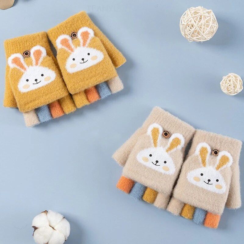 Bērnu piecu pirkstu cimdi Ziemas zēnam sabiezināti puspirksta dūraiņi Meitenei Bērnam adīti dūraiņi ziemai Jauna multfilma Silti Flip Cimdi