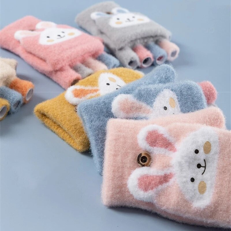 Bērnu piecu pirkstu cimdi Ziemas zēnam sabiezināti puspirksta dūraiņi Meitenei Bērnam adīti dūraiņi ziemai Jauna multfilma Silti Flip Cimdi