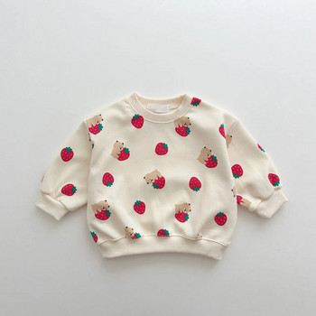 Пролетен и есенен сладък комплект за бебета и момичета, модни пуловери с ягоди + памучни спортни панталони за момчета, свободен висококачествен анцуг
